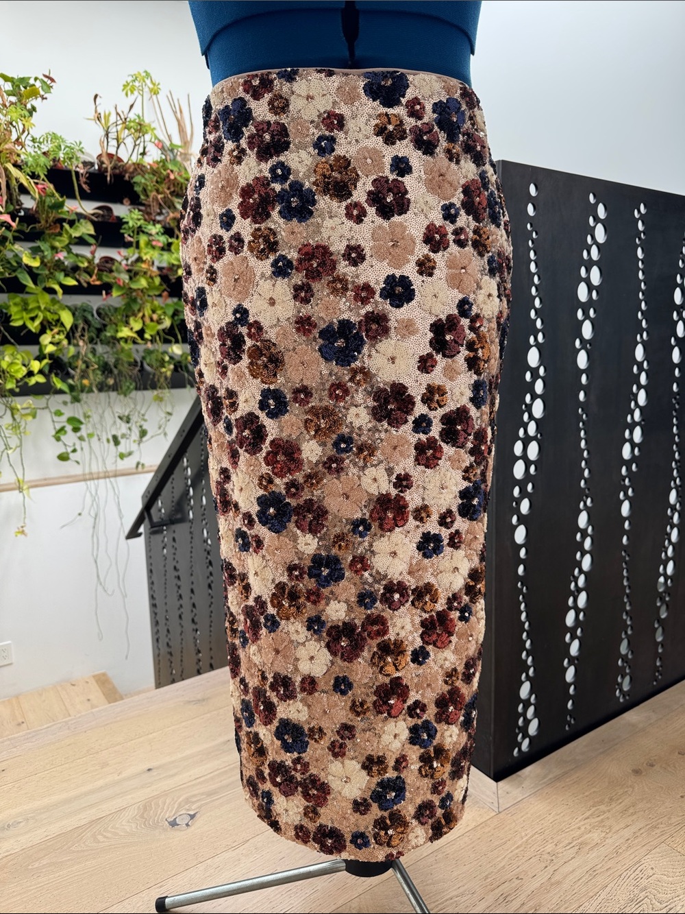 Ann Taylor Beige Pencil Skirt with Multicolor Sequin Floral Embellishments